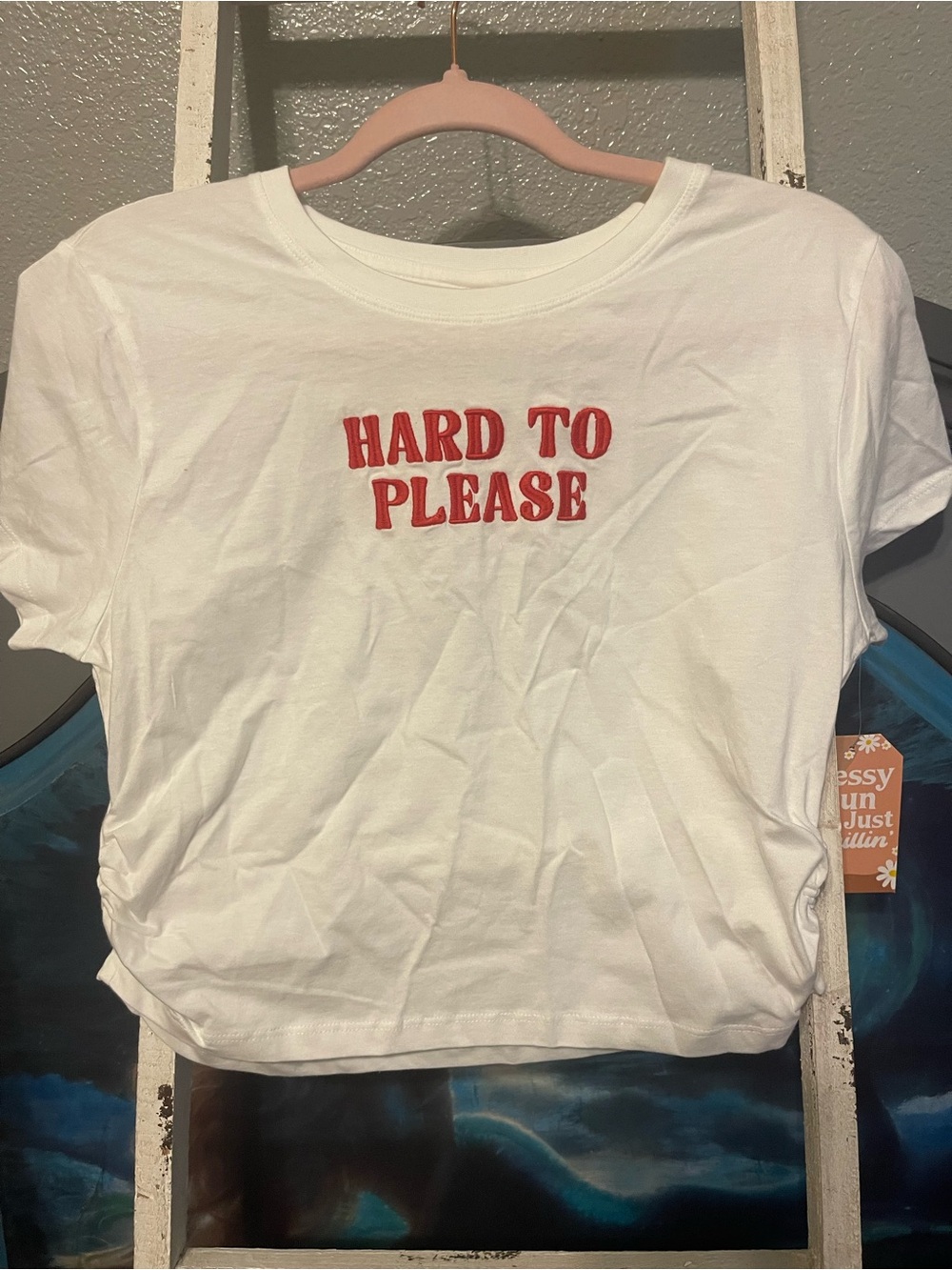 White Crop Top with Red "Hard to Please" Embroidery